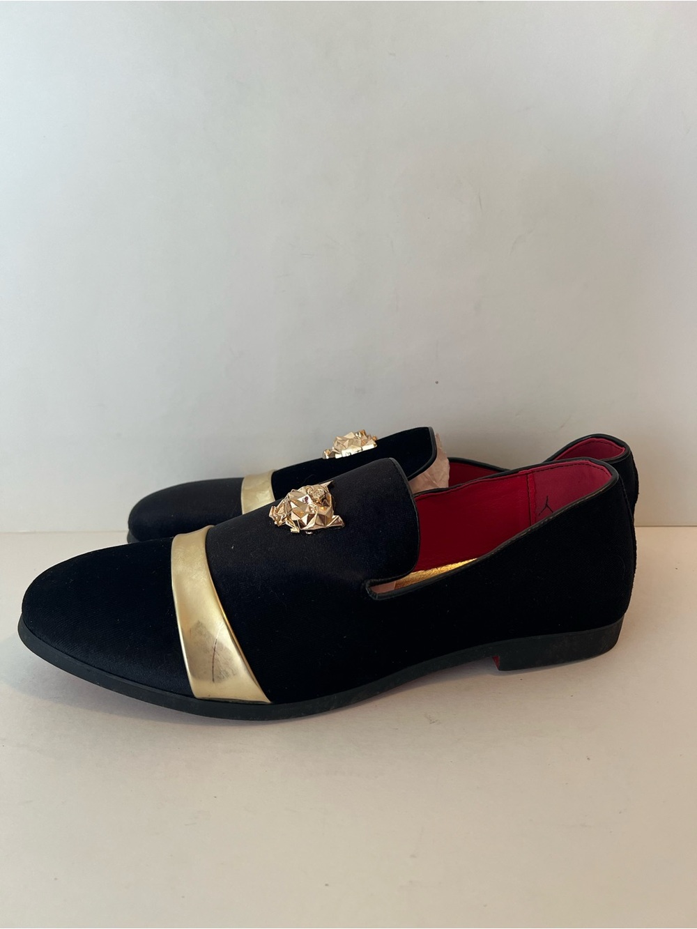 Men's Black Velvet Formal Loafers with Gold Toe Band & Medusa Crest - Size 44 (U